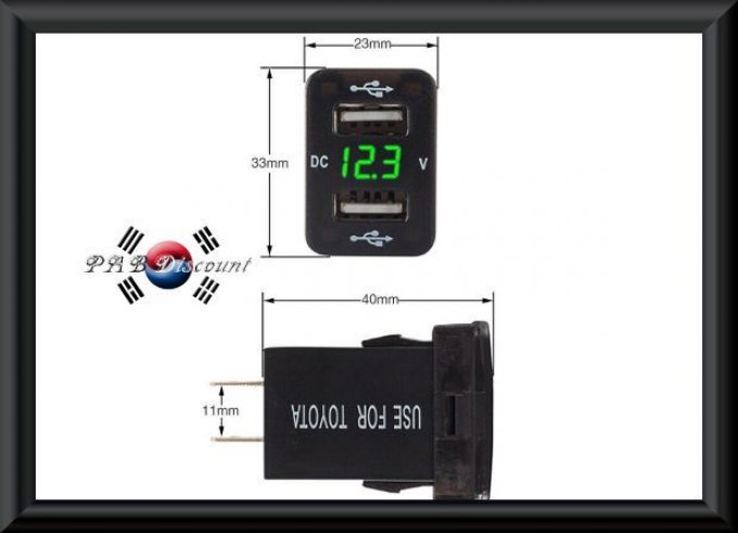 Faux Bouton double prise USB avec indicateur de voltage, avec fusible